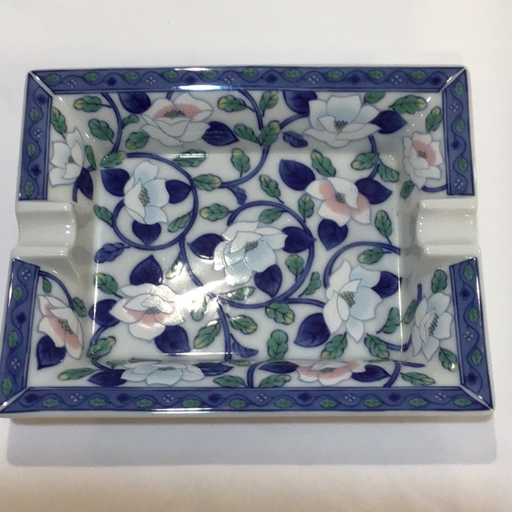 Vintage Maebata Japan Square Blue Pink Porcelain Lotus Flower Ashtray